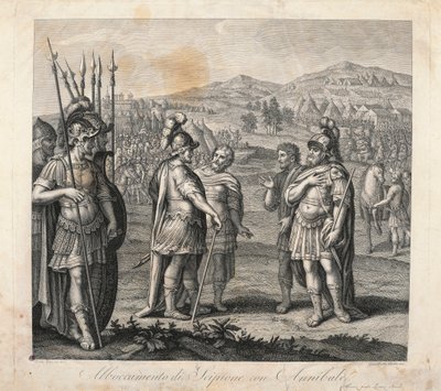 Ontmoeting tussen Hannibal en Scipio tijdens de Punische Oorlogen door Giulio (after) Romano