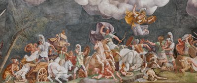 Een gevecht, detail, Het Paard van Troje, Kamer van Troje (Sala di Troia) door Giulio (and workshop) Romano