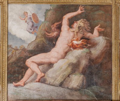 Ajax gespietst met een vuurflits op een scherpe rots, Het Trojaanse Paard, Kamer van Troje (Sala di Troia) door Giulio (and workshop) Romano