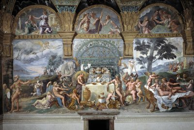 Het edele banket ter viering van het huwelijk van Cupido en Psyche, zuidmuur van de Kamer van Cupido en Psyche, ca. 1527-31 (fresco) door Giulio (and workshop) Romano