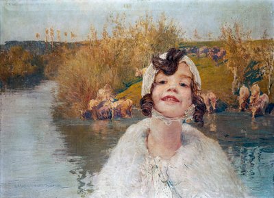 Portret van babymeisje met platteland op de achtergrond door Giulio Aristide Sartorio