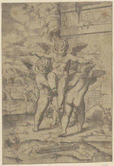 Amor en drie putti door Giulio Bonasone (attributed to)