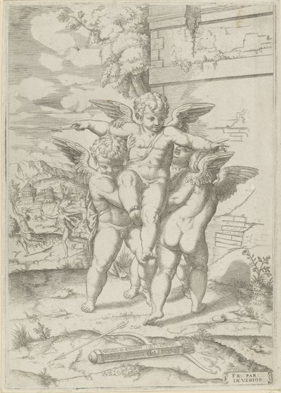 Amor en drie putti door Giulio Bonasone (attributed to)