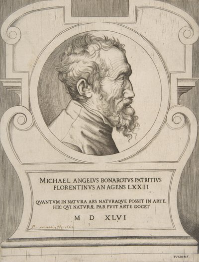 Borstbeeld portret van Michelangelo naar rechts, binnen een cartouche door Giulio Bonasone