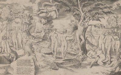 Cupido in de Elyseïsche velden vastgebonden aan een boom, omringd door vele figuren door Giulio Bonasone