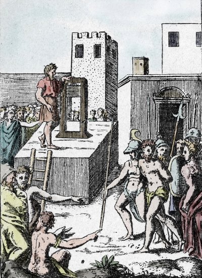 Doodstraf: de uitvoering van een doodvonnis met de voorloper van de guillotine (machine à décollation) in Italië genaamd Mannaia, ontworpen door Achille Bocchi in 1555 Gravure door Giulio Buonasone door Giulio Bonasone