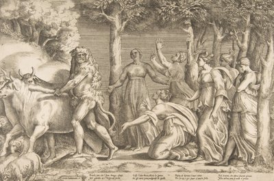 Hercules die het vee van Geryon verdrijft, rechts zijn de nimfen van Hesperides, 1531-76 door Giulio Bonasone