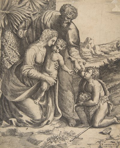 Heilige Familie met Sint Jan de Doper die rechts knielt, 1531-76 door Giulio Bonasone