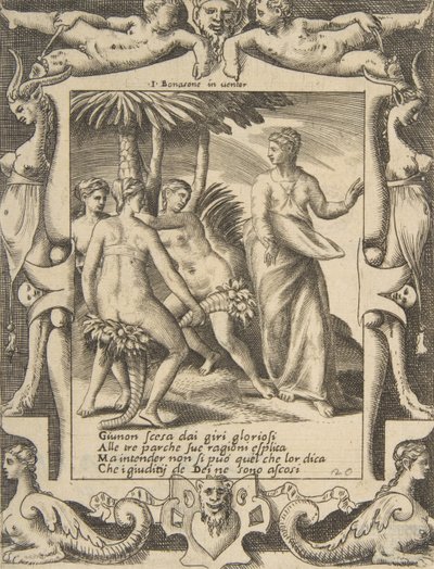 Juno rechts draaiend en sprekend tot de Schikgodinnen, binnen een sierlijk kader, 1531-76 door Giulio Bonasone