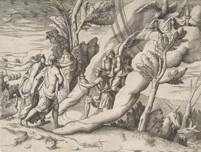 Jupiter en Juno ontvangen in de hemel door Ganymedes en Hebe, uit de 