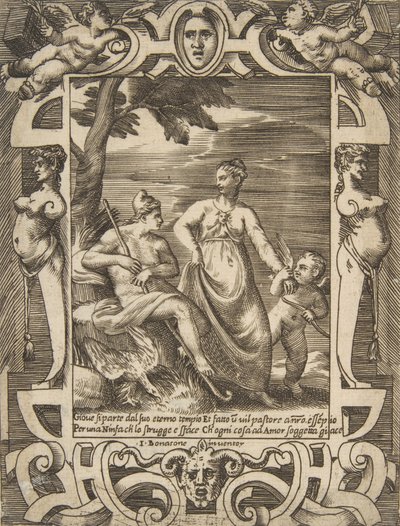 Jupiter links in de vorm van een herder vergezeld door Mnemosyne, binnen een uitgebreide..., 1531-1576 door Giulio Bonasone