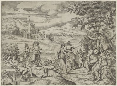 Mercurius vertelt het verhaal van Pan en Syrinx door Giulio Bonasone