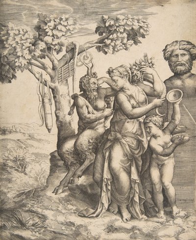 Pan links zittend naast een staande nimf, rechts Cupido met cimbalen, 1531-76 door Giulio Bonasone