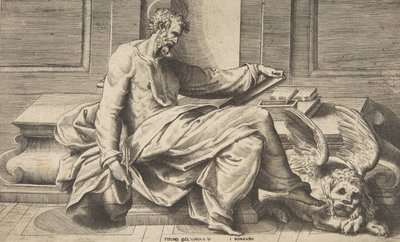 Sint Marcus schrijft zijn evangelie, een gevleugelde leeuw rechts door Giulio Bonasone