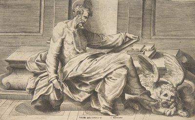 Sint Marcus schrijft zijn evangelie, gevleugelde leeuw rechts, 1531-76 door Giulio Bonasone