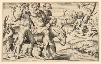 Silenus rijdend op een ezel door Giulio Bonasone