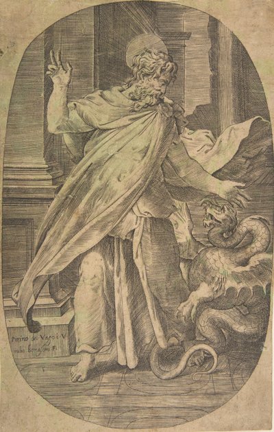 Sint Paulus overwint de adder, binnen een architecturale setting, een ovaal compositie, ca. 1540-70 door Giulio Bonasone