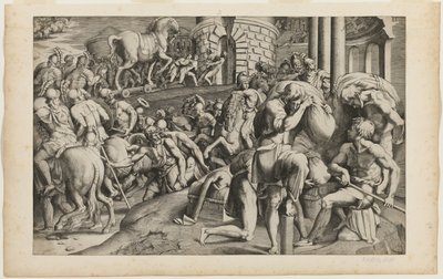 Het Trojaanse paard wordt de stad Troje binnen gesleept door Giulio Bonasone