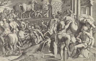 De Trojanen slepen het houten paard Troje binnen, 1545 door Giulio Bonasone