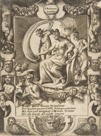 De triomf van Juno die in een wagen zit, binnen een uitgebreide lijst, uit de serie, 1531-76 door Giulio Bonasone