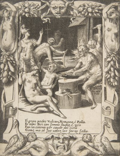 Vulcanus, Neptunus, Athena en andere goden maken boeien om Jupiter uit de hemel te trekken (detail) door Giulio Bonasone