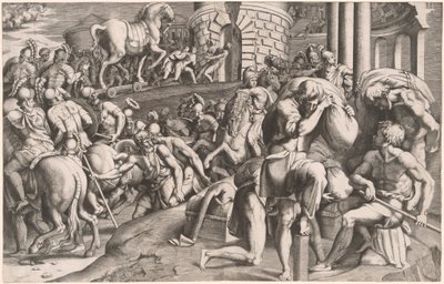 De Trojanen Slepen het Houten Paard Troje Binnen door Giulio Bonasone, after Francesco Primaticcio