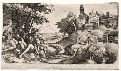 Herders in een Landschap door Giulio Campagnola