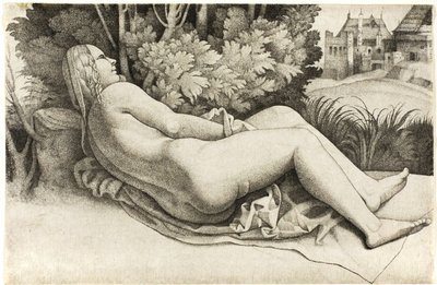 Vrouw liggend in een landschap door Giulio Campagnola
