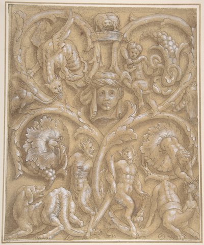 Ontwerp voor een decoratief paneel met rinceaux, saters, putti, monsters en een menselijk hoofd, 1535-45 door Giulio Campi.