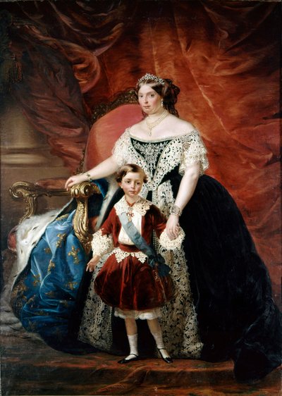 Portret van Louise Marie de Berry (Marie Louise de Bourbon, Hertogin van Parma en Piacenza) (1819 - 1864) met haar zoon Roberto (1804 - 1907) (olieverf op doek) door Giulio Carlini