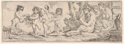 Bacchanaal met sater die een luit speelt en omringd door vier figuren, 1640-60 door Giulio Carpioni