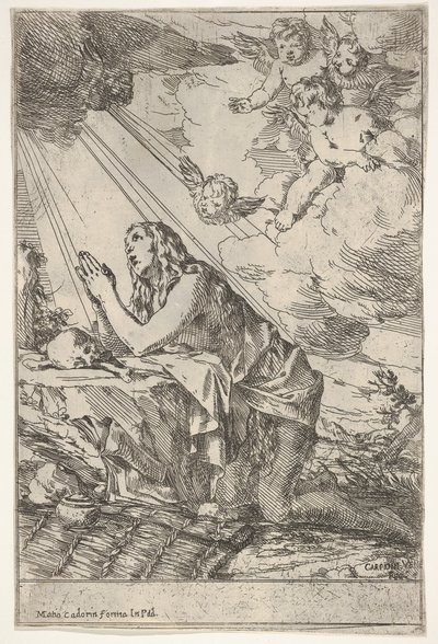 Boetvaardige Magdalena knielend op een rotsachtige grond voor een schedel en botten, een zalfpot, ca. 1640-55 door Giulio Carpioni