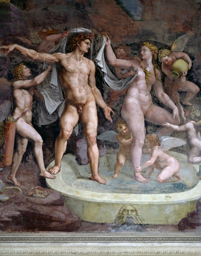 Bad van Mars en Venus, fresco door Giulio Romano (1499-1546), noordmuur van de Kamer van Cupido en Psyche, Palazzo Te, Mantua (UNESCO Werelderfgoedlijst, 2008), Lombardije, Italië door Giulio Romano