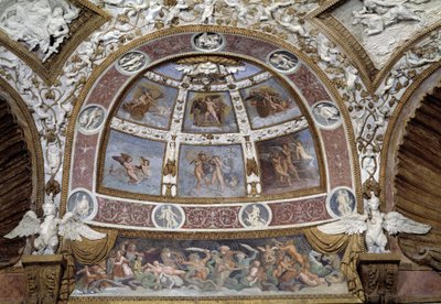 Medaillon van het plafond van de Zaal van de Adelaars van het Paleis van de Té in Mantua door Giulio Romano