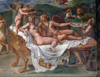 Cupido en Psyche met hun dochter Voluptas (Pleasure) liggend op bed, detail van Bruiloftsfeest of Banket van goden, fresco door Giulio Romano (1499-1546), Palazzo Te, Mantua (UNESCO Werelderfgoedlijst, 2008), Lombardije, Italië door Giulio Romano