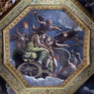 Woedende Venus wijst Psyche aan Cupido om haar te straffen. Fresco door Giulio Pippi de