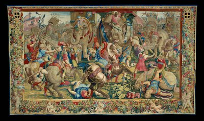 Het verhaal van Scipio: De slag bij Zama de nederlaag van Hanibal, tiende stuk van het wandtapijt, wol en zijde, wandtapijt ... door Giulio Romano