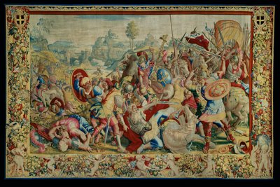 Het verhaal van Scipio: De slag bij Ticino, eerste stuk van het wandtapijt, wol en zijde, wandtapijt ... door Giulio Romano