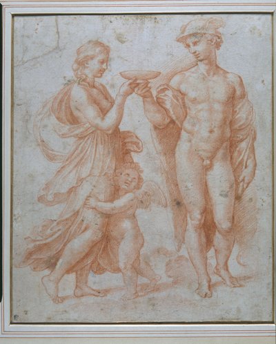 Mercurius biedt de Beker van Onsterfelijkheid aan Psyche aan door Giulio Romano