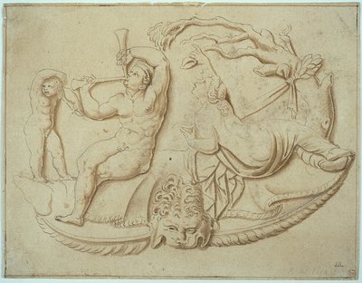Sater met twee doedelzakken en putto en vrouw drinken uit boom door Giulio Romano