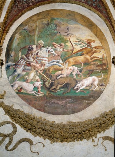 Scène die laat zien dat degenen die geboren zijn onder het teken Kreeft in combinatie met het sterrenbeeld Mars bedreven zullen zijn in jagen en vissen, gesymboliseerd door een jachtscène, uit de Camera dei Venti door Giulio Romano