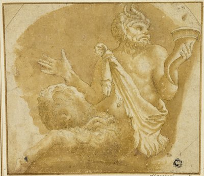Zittende faun met hoorn des overvloeds (recto); schets van boom en huis (verso) door Giulio Romano