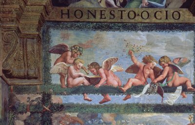 Het rustieke banket, detail van putti die muziek maken, uit de Sala di Amore e Psiche (detail) door Giulio Romano