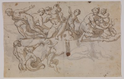Zeepaardjes, tritons en putti rijdend op dolfijnen door Giuseppe Alabardi