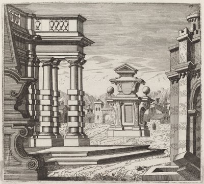 Architectonische fantasie met poorten en monumenten door Giuseppe Antonio Landi
