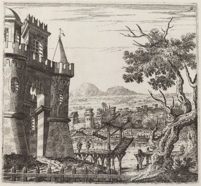 Landschap met een kasteel en een ophaalbrug door Giuseppe Antonio Landi