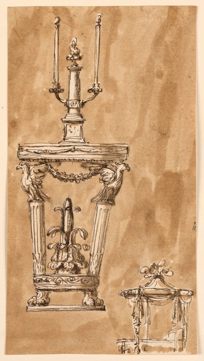 Ontwerp voor een consoletafel met kandelaar en een bed door Giuseppe Barberi