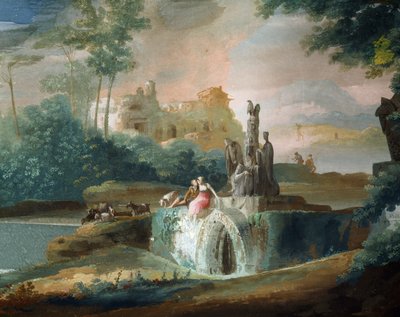 Galante scène van herders in een denkbeeldig landschap door Giuseppe Bernardino Bison