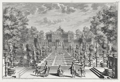 Decor voor een opera in een tuin, uit Architectus Theatralis Primarius, gegraveerd door Johann Andreas Pfeffel (1674-1748), gepubliceerd 1740 door Giuseppe Bibiena