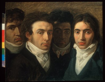 Zelfportret met Felice Bellotti, Gaetano Cattaneo en Carlo Porta door Giuseppe Bossi